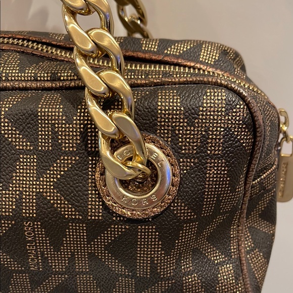 Rare Michael Kors Logo Brown Leather Satchel Shoulder Purse - Picture 3 of 9